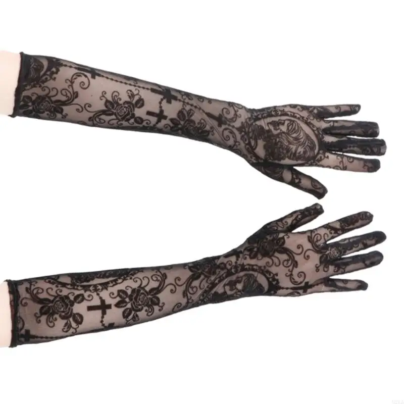 2025 New Comfortable Black Lace Gloves Skull Crosses Decor Cosplay Halloween Essential