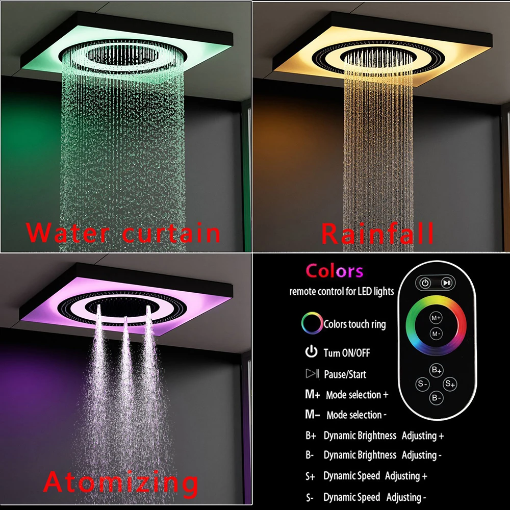 600*600mm Brushed Gold Shower Set with LED Lights Music Rain Shower Head Digital Display Intelligent Thermostatic Mixing Valve
