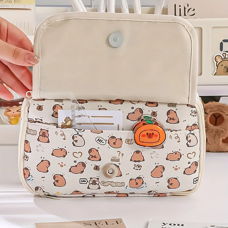 Cute Capybara Printed Pen Pencil Marker Case - Portable Washable Zippered Stationery Organizer with Multiple Compartments