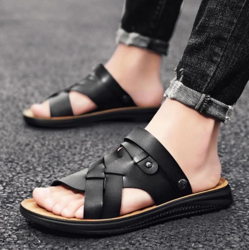 

Big Size 46 Men Leather Sandals Summer Classic Men Shoes Slippers Soft Sandals Men Roman Comfortable Outdoor Walking Footwear