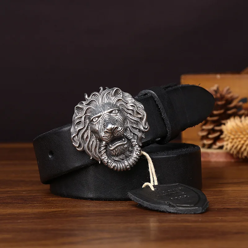 Water-dyed Vintage Distressed Effect Steel Lion-head Buckle Premium Full-grain Cowhide Women's Jeans Belt Leather Belt for Women