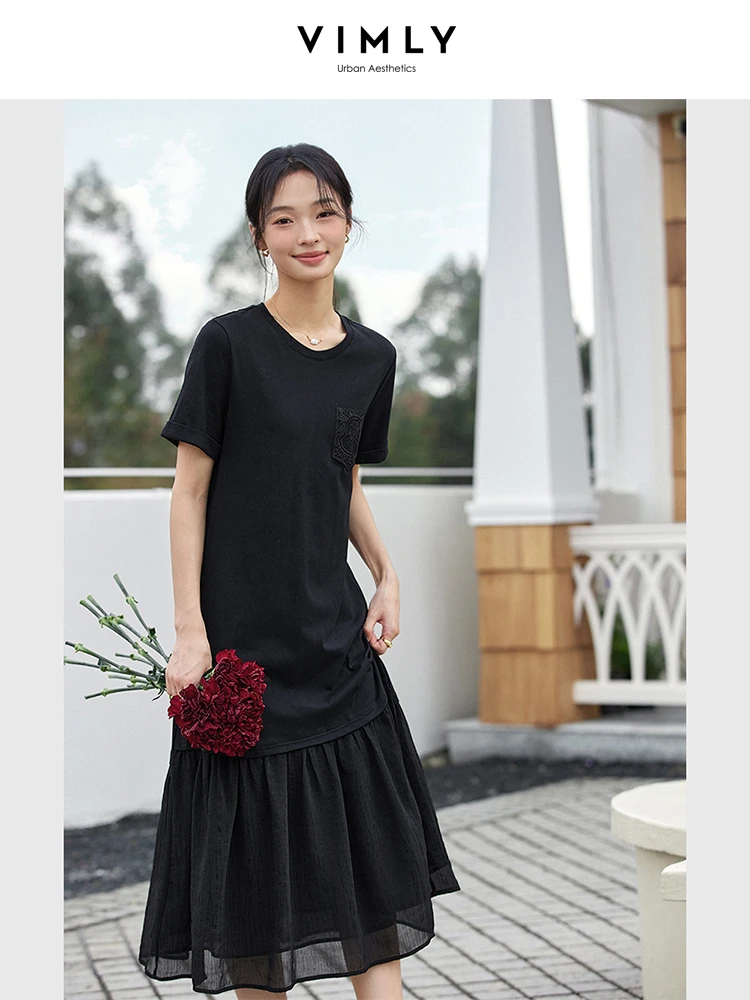 

VIMLY Woman Summer Black Dress 2025 Women Fashion Patchwork Chiffon Ruffled Hem Short Sleeve Midi Dresses Ladies Clothing A0761