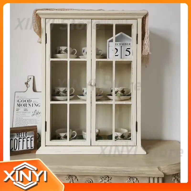 French Retro Solid Wood Glass Door Dining Side Cabinet Bathroom Storage Cabinet for Home Office Living Room Kitchen