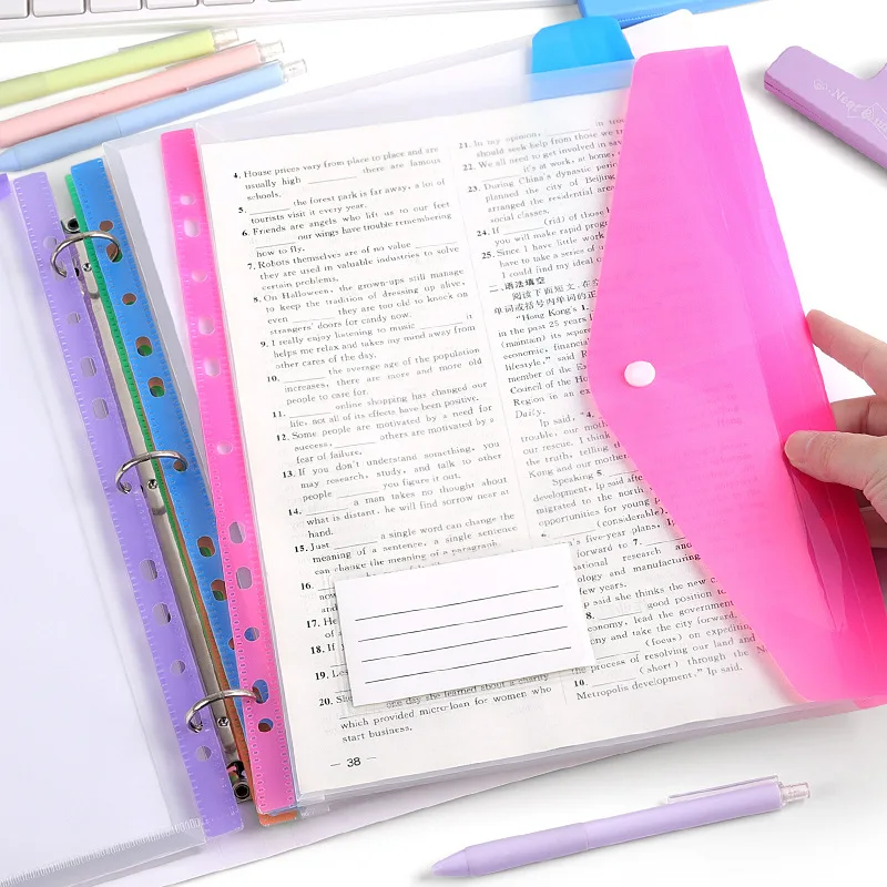 

6pcs High-Capacity Loose Leaf File Folder With 11-Hole Binder Rings Plastic Envelope File Bags Expandable Button Label Pockets