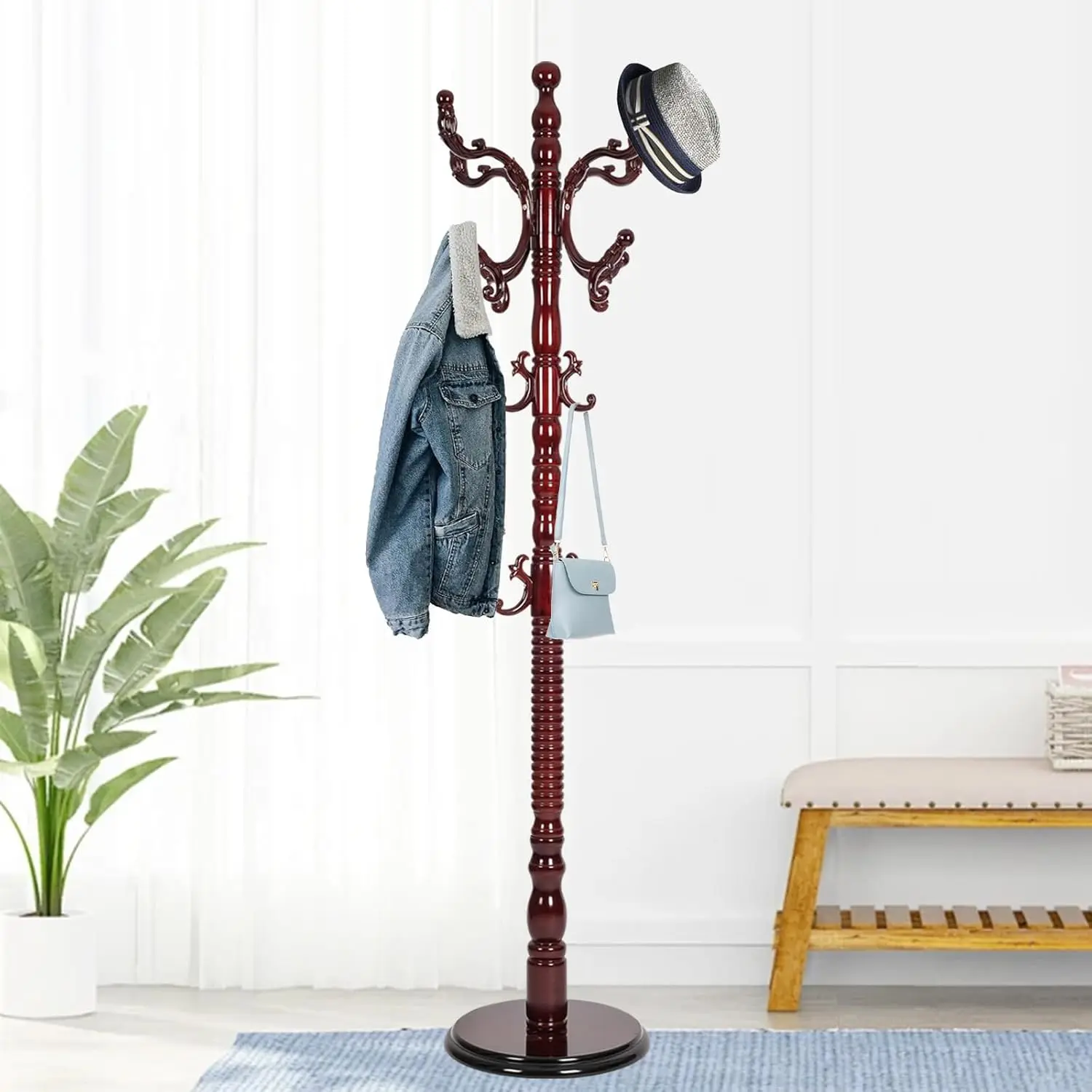 

72" Wooden Coat Rack Stand, Coat Rack Freestanding with 14 Hooks and Stable Round Base, Adjustable Height Vintage, Customized