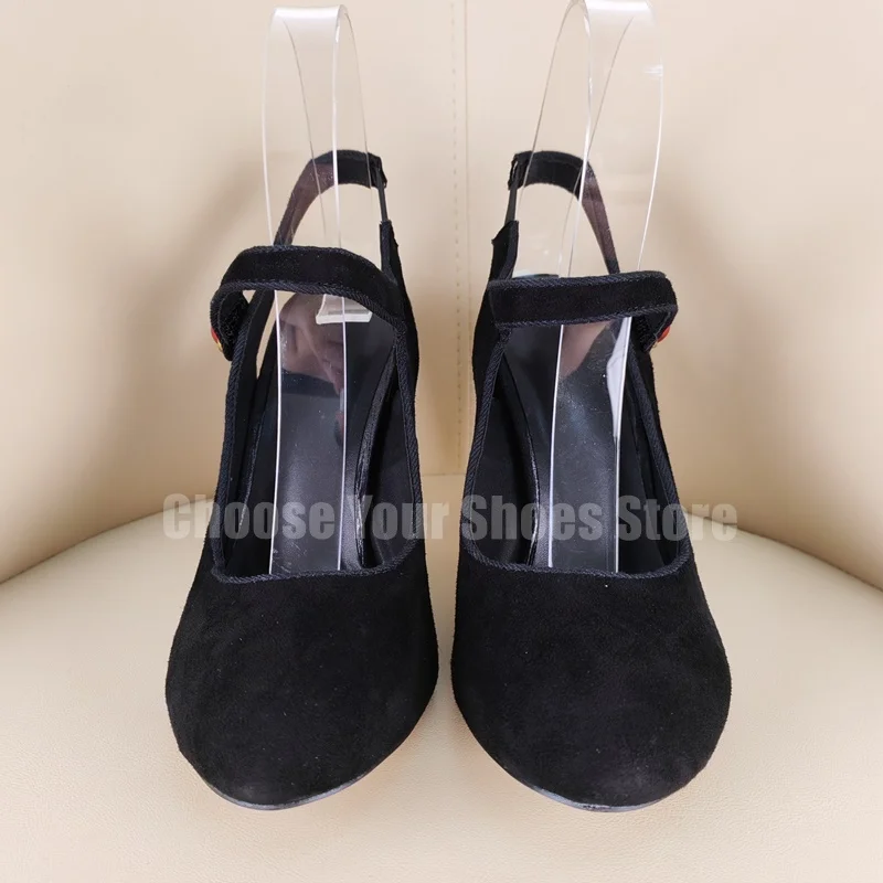 Black Round Toe Colorful Crystal Heel Pumps Hook and Loop Fastener Women Shoes Chunky High Heels Party 2025 Zapatos Para Mujere