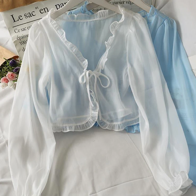 

Summer Sun-Proof Women Long-Sleeve V-Neck See-Through Solid Sweet Ruffled Cropped Tops Thin Loose Tie Blouse Female School Shirt