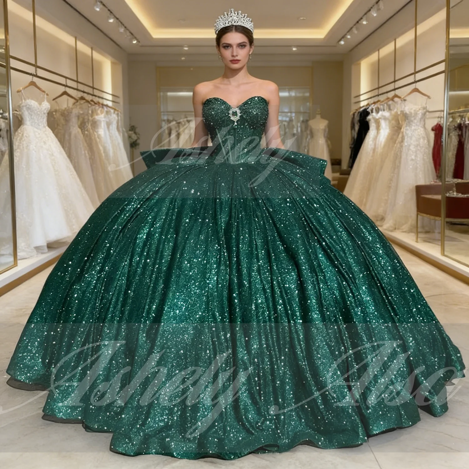 slim fit dress slacks Vestidos de quinceañera con lentejuelas verde esmeralda y hombros desc –  MyChicDress main image 1