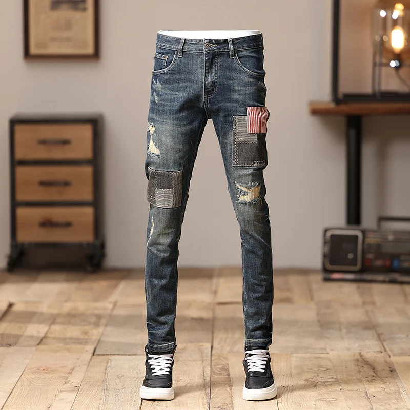 Y2KFashionable men's jeans retro washed blue elastic slim fit retro patchwork scratch jeans men's designer pants y2k