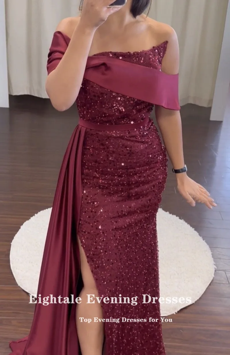 Eightale Luxury Evening Dresses Arabic off Shoulder Satin Burgundy Custom Made Color and Size Mermaid Prom Wedding Party Gown