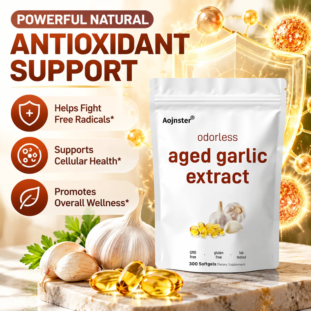 Aged Garlic Extract Odorless Softgels Rich Antioxidant, Lab Tested 300 Capsules Gluten Free Dietary Supplement