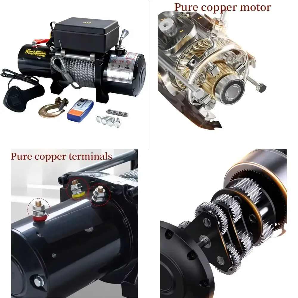 6000lbs 12V Recovery Car Electric Winch Series Wireless Remote Control Steel Cable Winches Electric Hoist for Heavy