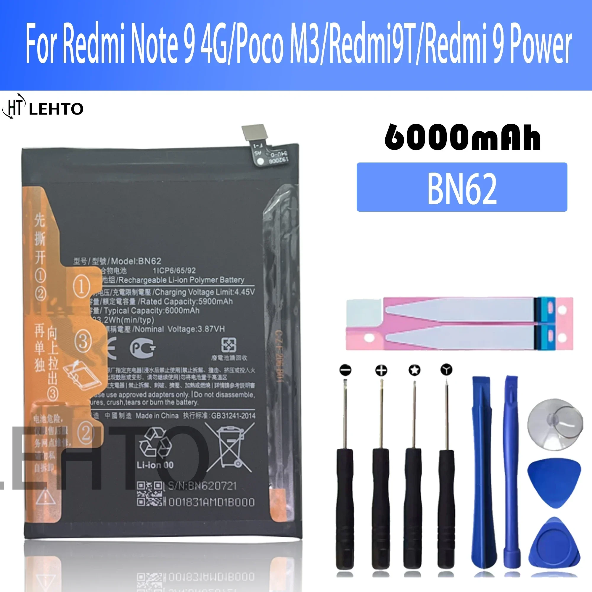 

100% high capacity BN62 6000mAh Battery For Xiaomi POCO M3 /Redmi Note 9 4G /Redmi 9T 4G Phone Replacement Batteries