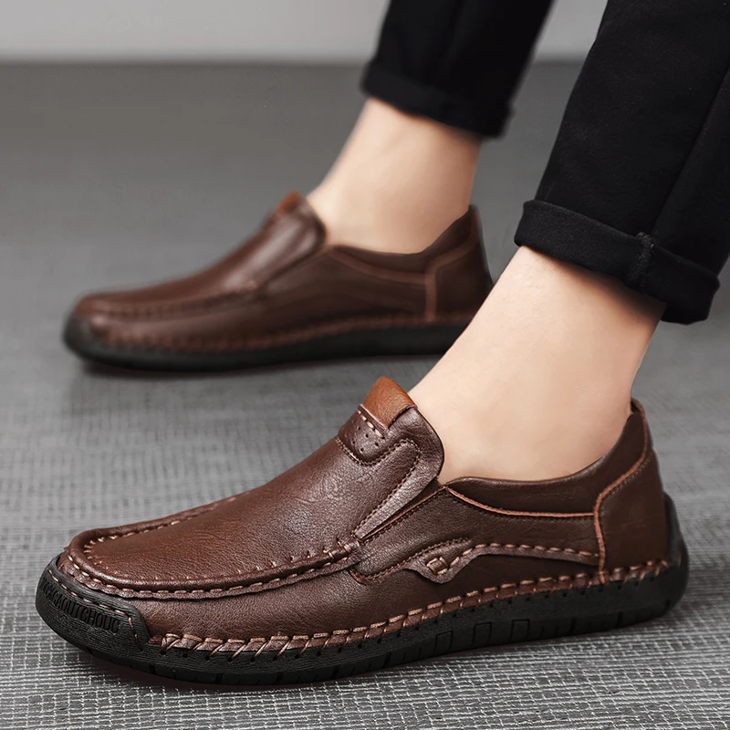 2024Natural Leather Shoes Men Loafers Waterproof Autumn Casual Shoes Flats Anti-slip Rubber Breathable Comfort Walking Men Shoes