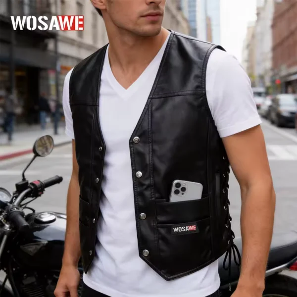 WOSAWE Men's Black PU Leather Motorcycle Vest 7 Pockets Biker Waistcoat Adjustable Side Lace Windproof Riding Vest Streetwear