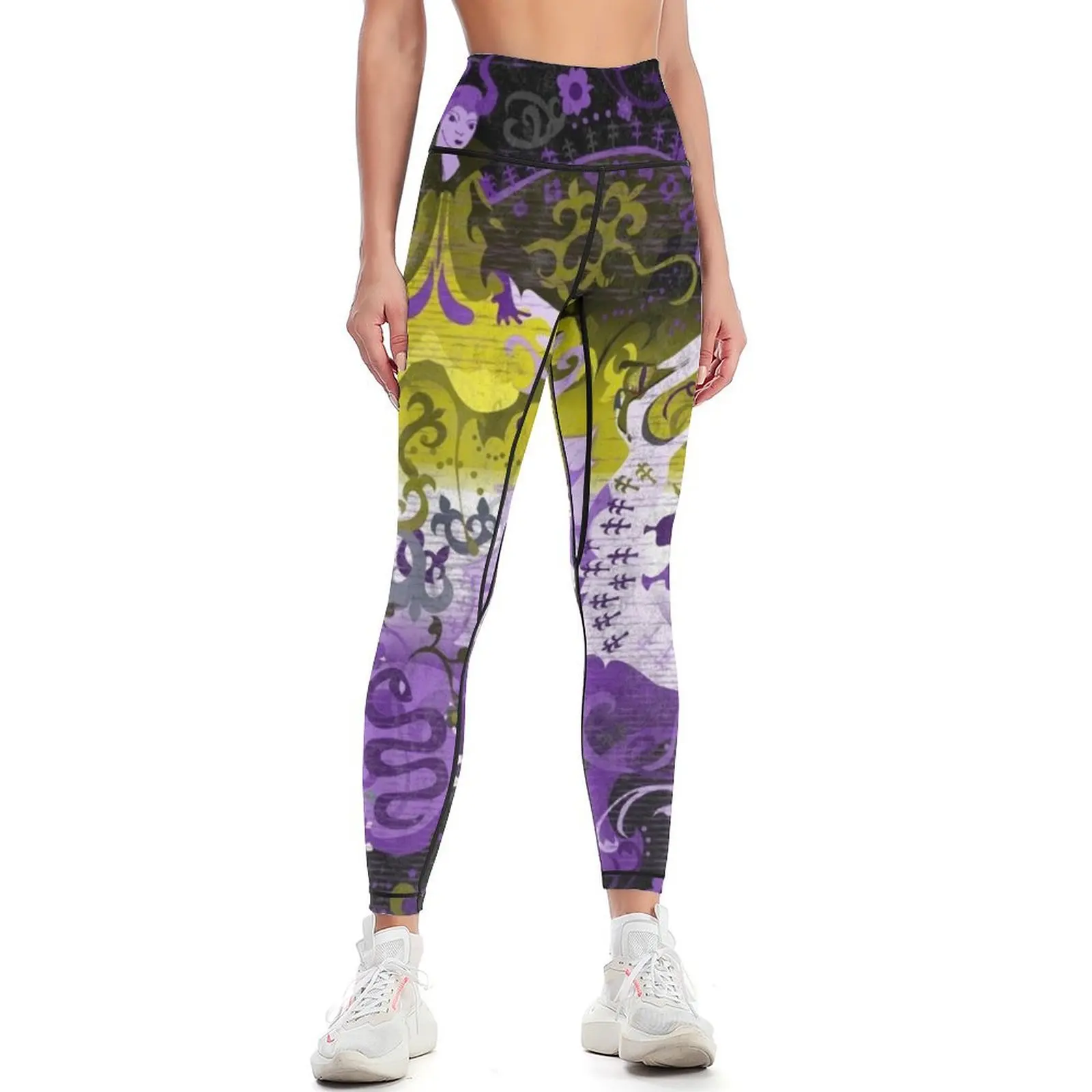 

Non-binary Dragon Damask -- NonBinary Pride Flag Colors Leggings sporty woman gym Women sports trousers Womens Leggings