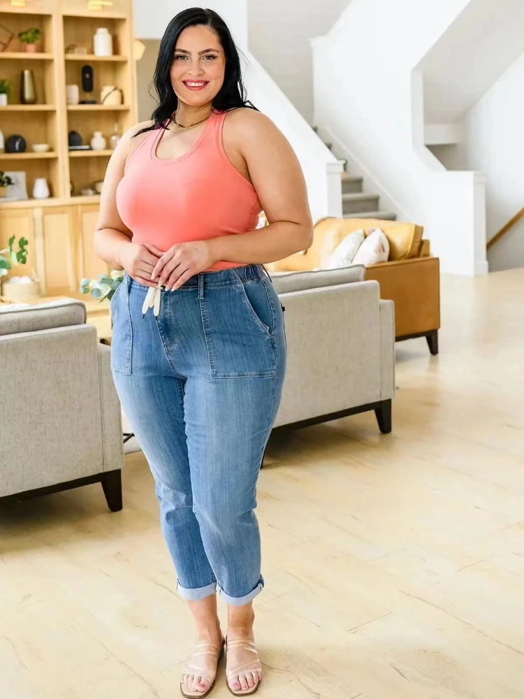 FSMG Women Plus Size Loose Harem Jeans, Elastyczna talia Casual Modne Wygodne Proste Spodnie Dżinsowe na Wiosnę i Jesień