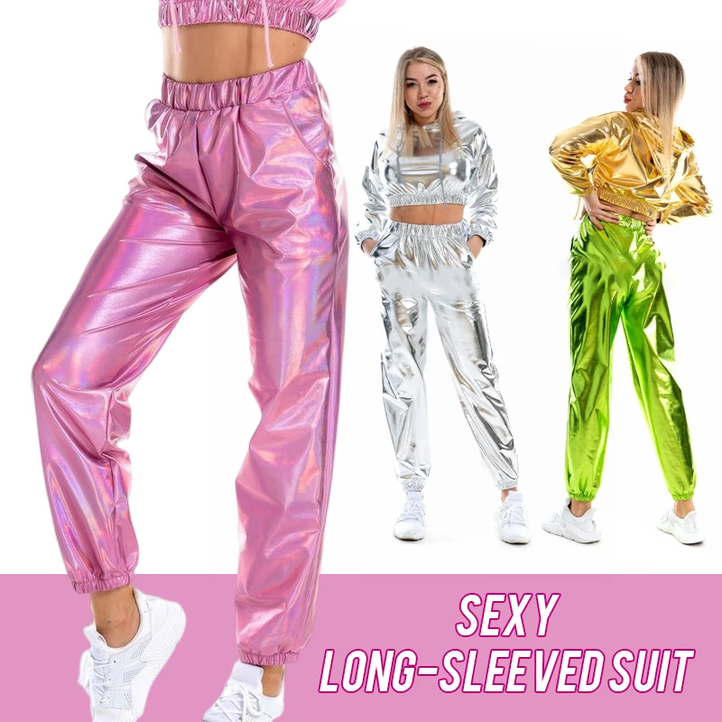 Sexy Cropped Holographic Hoodies Women Shiny PU Metallic Hoody Long Sleeve Sweatshirts Clubwear Pants Club Dancewear