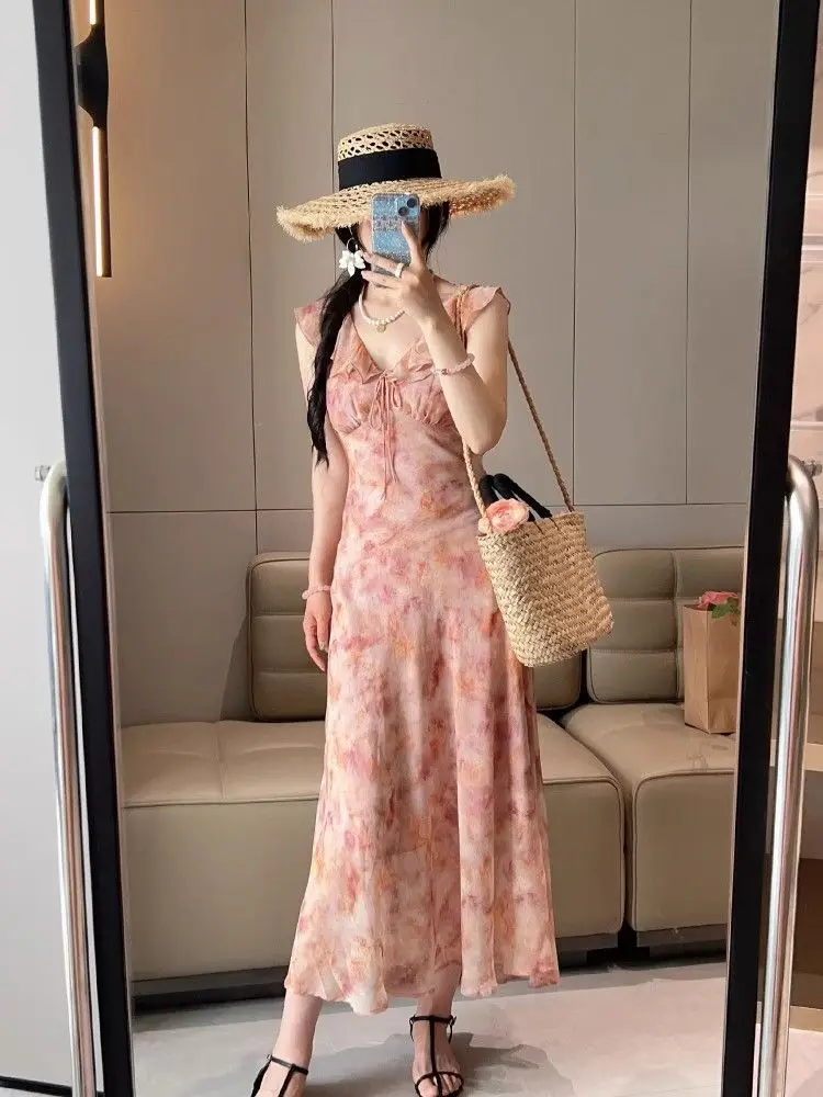 Summer Unique Pink Floral Print V-Ne Svel Long Dr Tea Break Holiday Sle High Waist A-Line Gown Commute Friendly