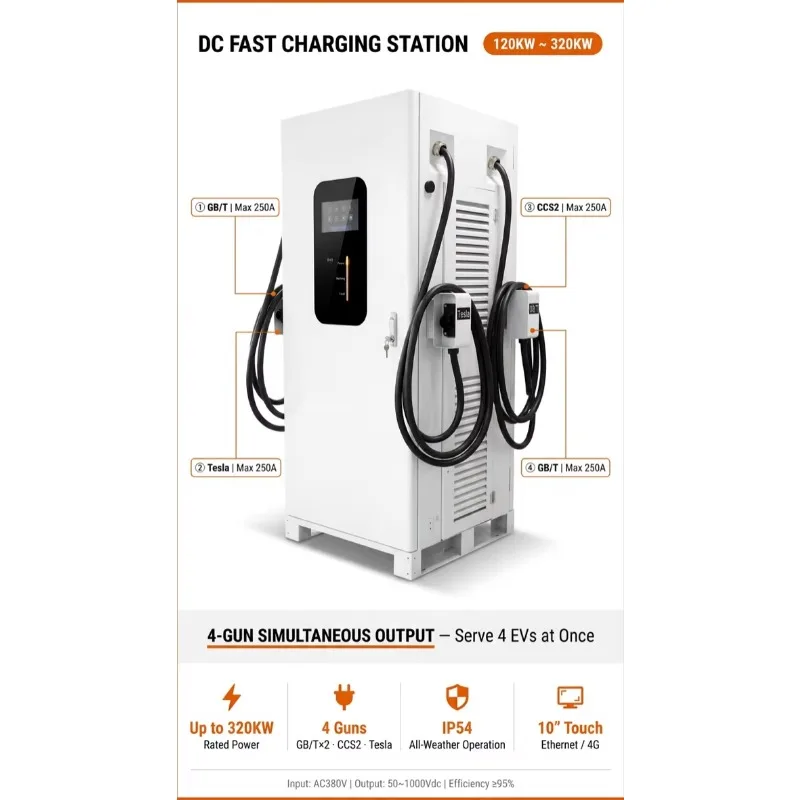 Customized Smart 320KW DC Fast EV Charger 4 Multi Point Charging Station 10 Inch Screen 4G Ethernet Commercial Electric Vehicle