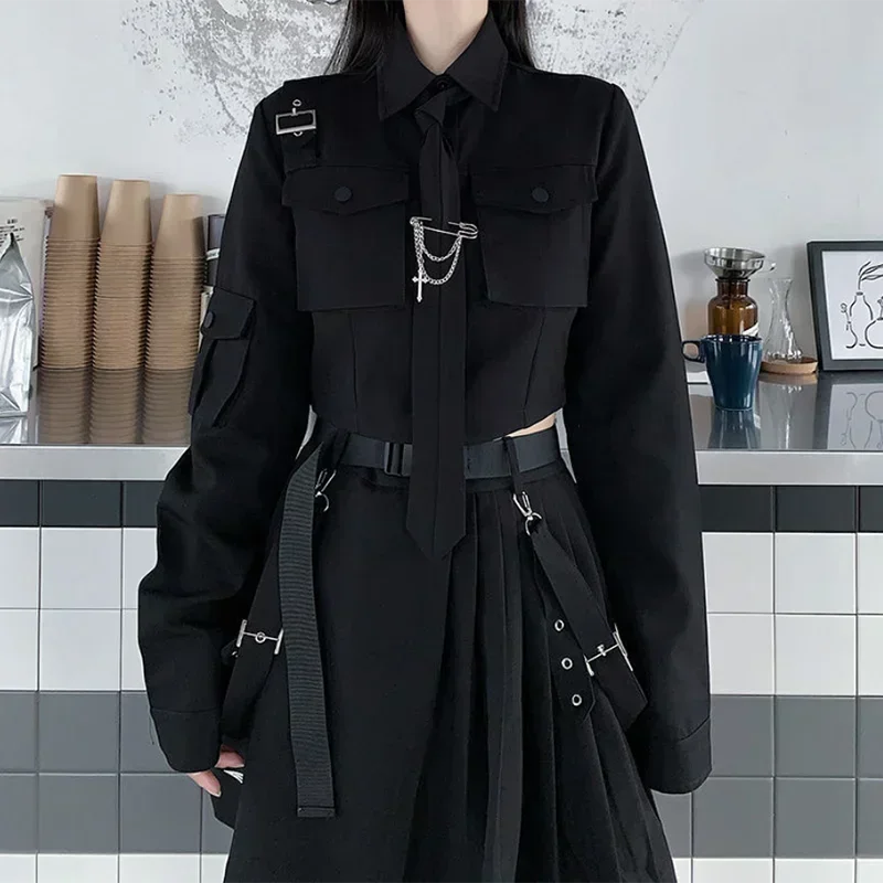 Gothic Black Punk Emo Two-Piece Skirt Spring Y2K Alt Clothes Kpop JK Uniform Punk Chain Ribbon Skirts Women 2 Piece Suit Female view 3