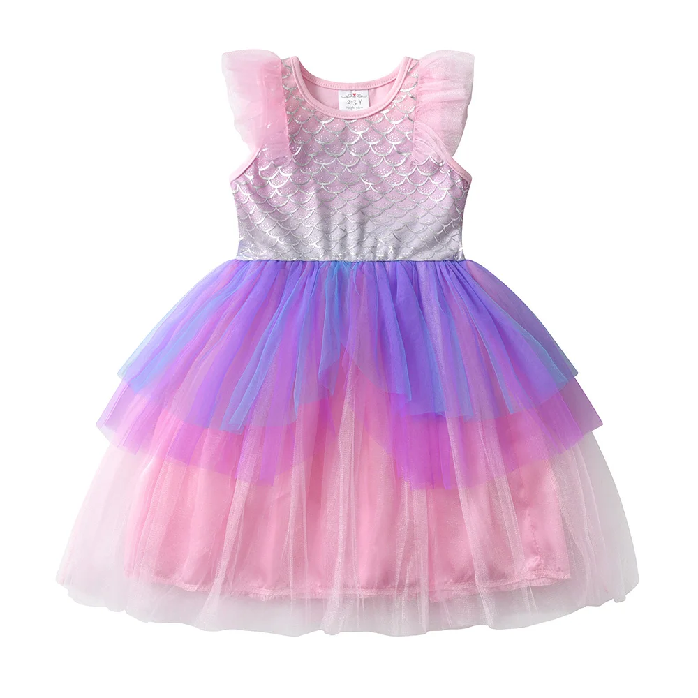 VIKITA Girls Silver Scale Mermaid Tulle Dress Kids Summer Flare Sleeve Ombre Tiered Shiny Gradient Tulle Princess Frocks Outfits