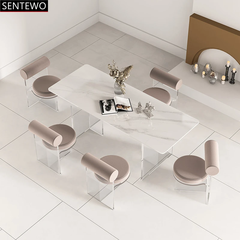 SENTEWO Free Shipping Nordic White Rock Slab Kitchen Dining Table And Chairs Set Clear Acrylic Frame Dinner Table Set	Mobilador