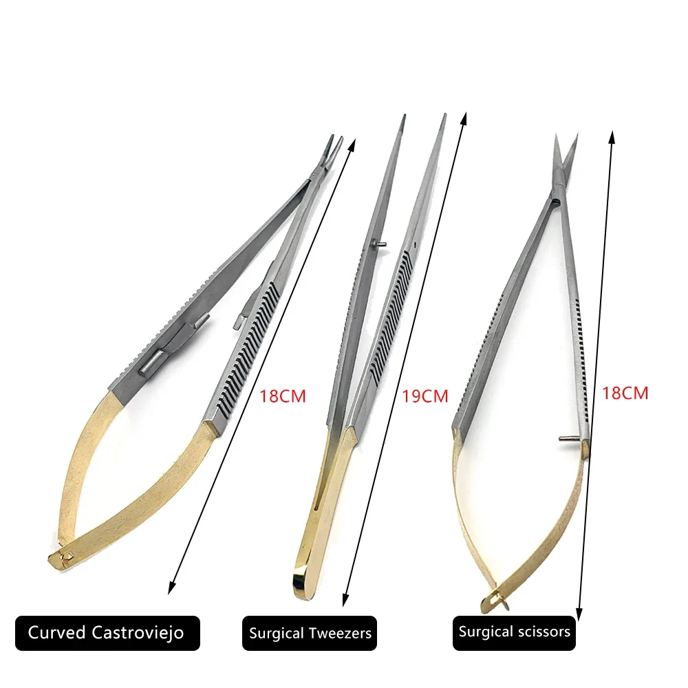 Professional 3Pcs Dental Kit - 18cm Castroviejo Needle Holder Surgical Scissors Orthodontic Implant Forceps Tweezers