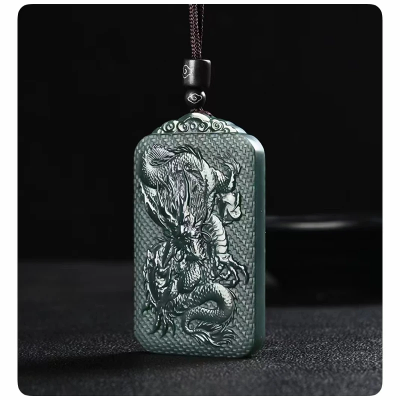 Hetian Qingyu high-end luxury dragon carving jade pendant men black pendant necklace wealth field women amulet zodiac Dragon