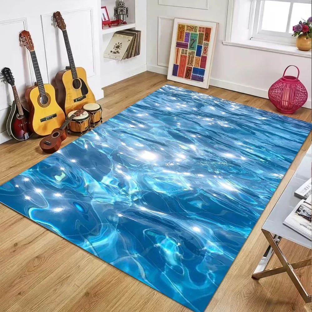 Living Room  Large Floor Carpet Sparkling Pool Water Wave Ripple Realistic Print Soft Rug Summer Ocean Theme Home Decoration