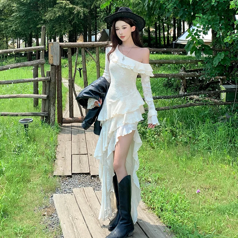 스트리트 슬레 롱 스웨이드 레이스 여성용 비대칭 밑단 슬림핏 드래그 테일 미디 스커트 폴리에스터 섬유 캐주얼웨어