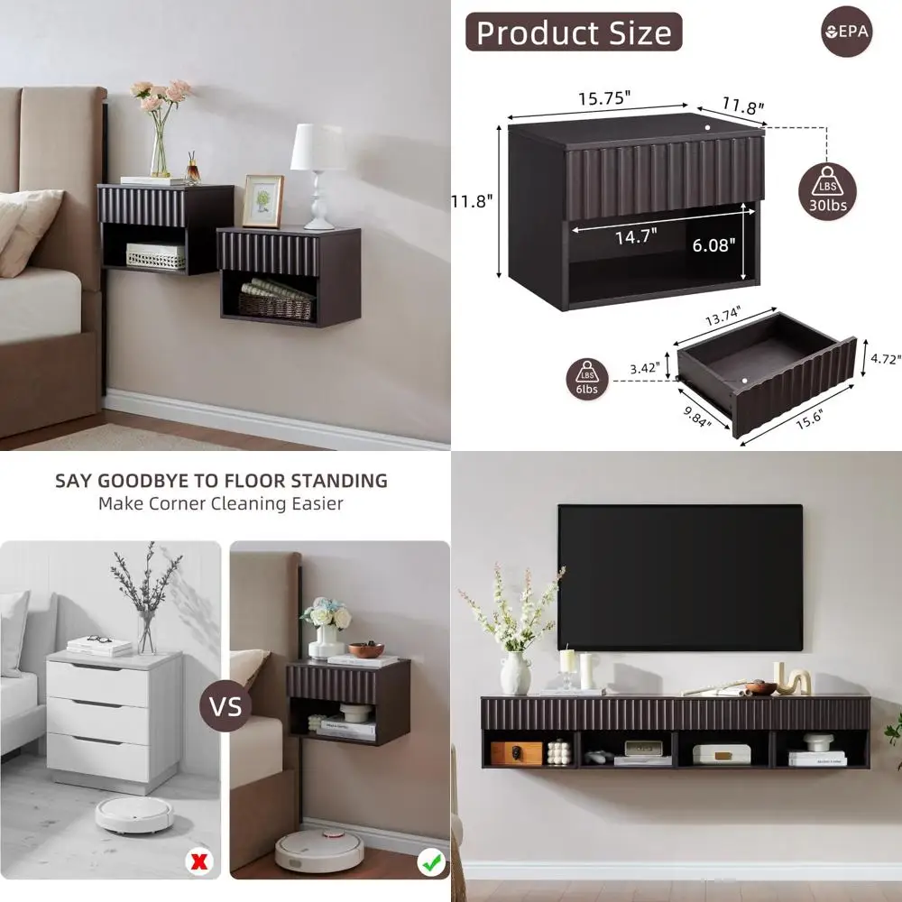 

Modern Wall-Mounted Nightstand with Fluted Drawer and Open Shelf - Small Bedside Table for TV Stand Storage