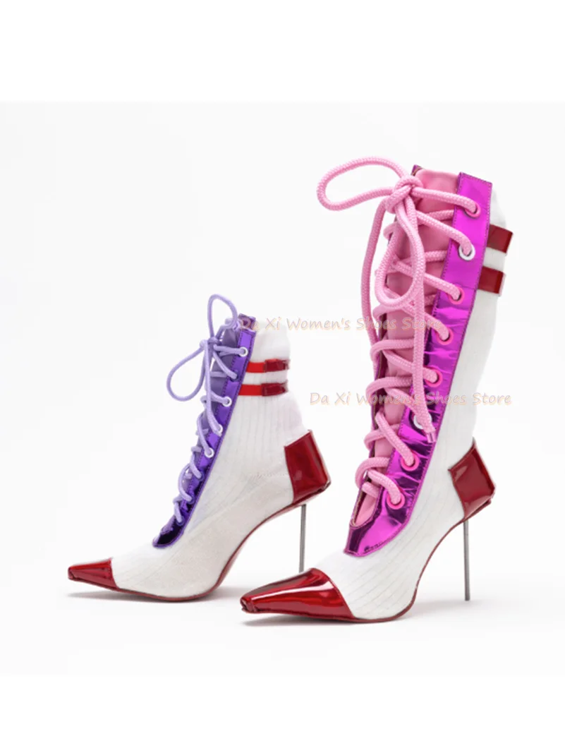 Pointed Tip Metallic Texture Splicing Women's Mid-Calf Boots Thin Metal Heel Runway Piece Luxurious Dinner Party Winter Boots