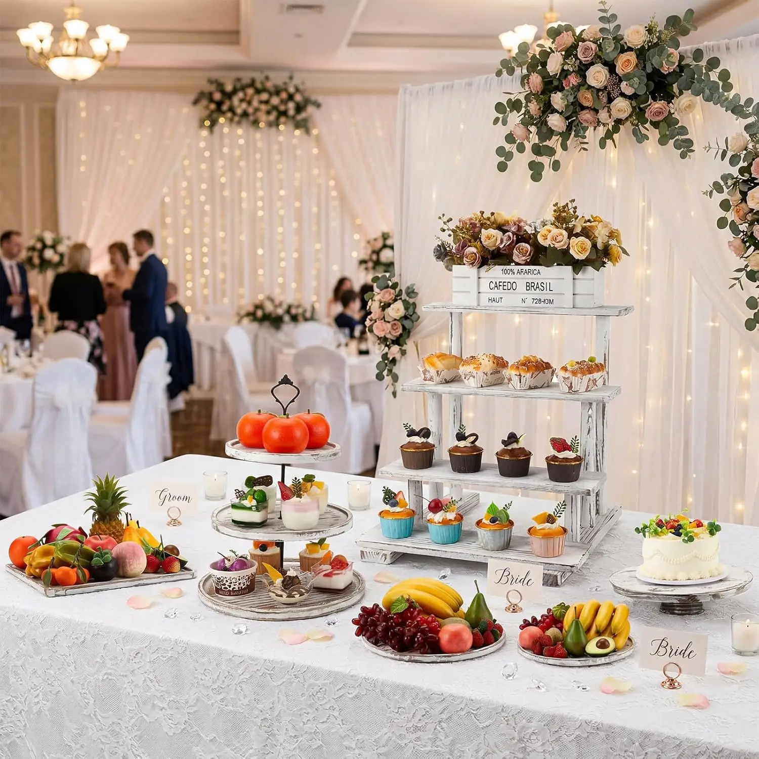 Dessert Table Display Stands, 6-Piece Set, 3-Tier Wood Construction, Vintage White