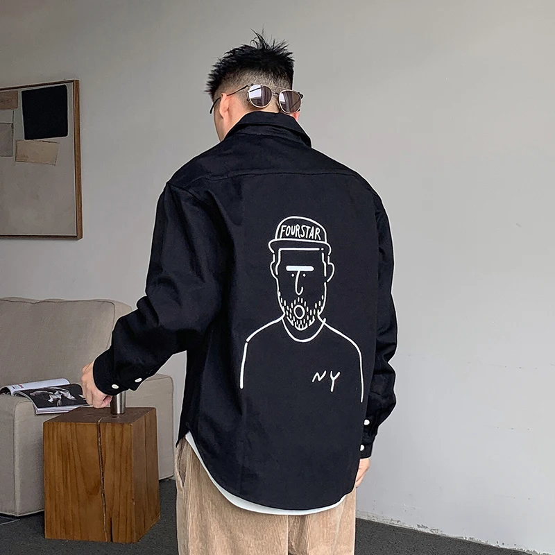 

Повседневная мужская рубашка с длинным рукавом, с воротником, с принтом, свободного кроя, в корейском стиле, модная городская хлопковая рубашка для весны и осени