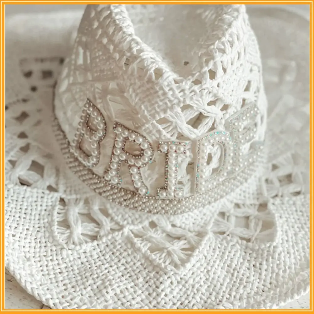 Rhinestone Letter Bride Groom Cowboy Hat Wide Brim Hollow Western Cowboy Hat Crochet Cowgirl Hat For Wedding Bachelorette Party