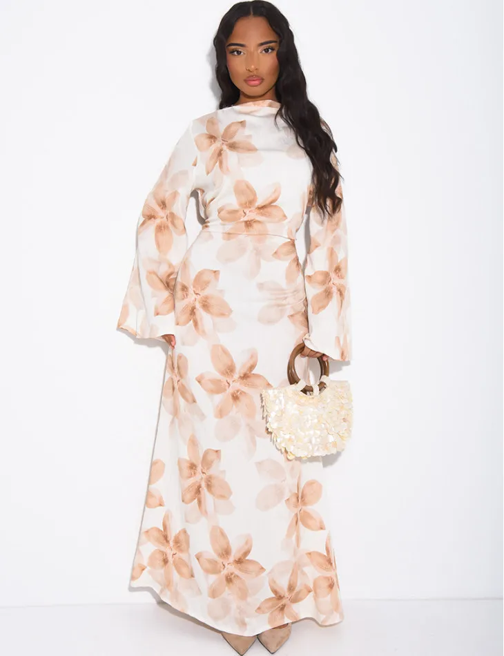 Women's Casual Vacation Maxi Dress Autumn Floral Print Long Sleeved Party Dress Fashion O Neck High Waist Satin Dress Vestidos