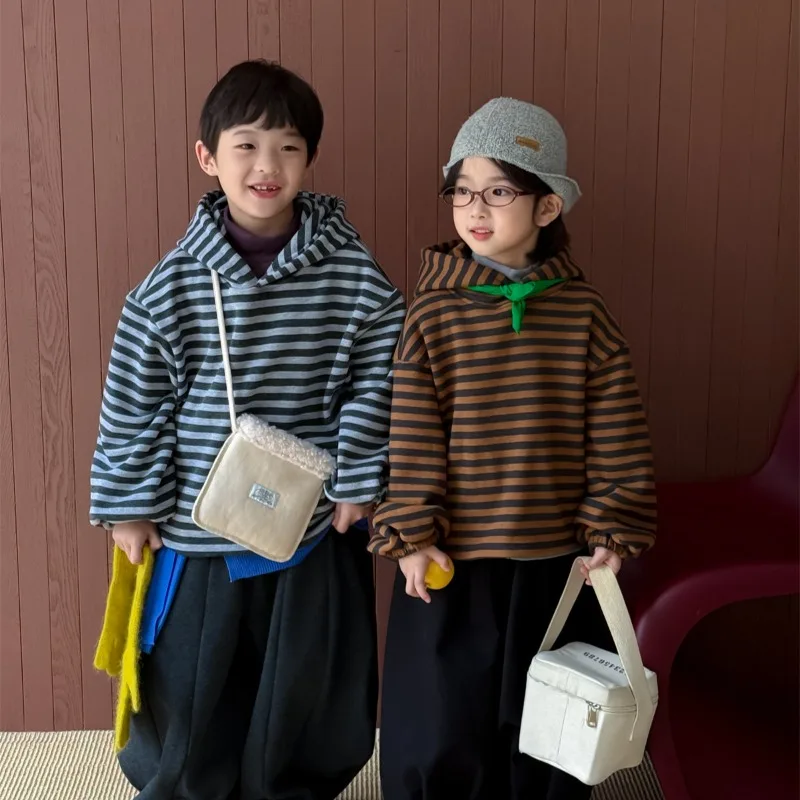 Boys Hoodie 2026 Autumn Winter Korean Style Fashion Trendy Minimalist Versatile Loose Striped Long Sleeve Hooded Top