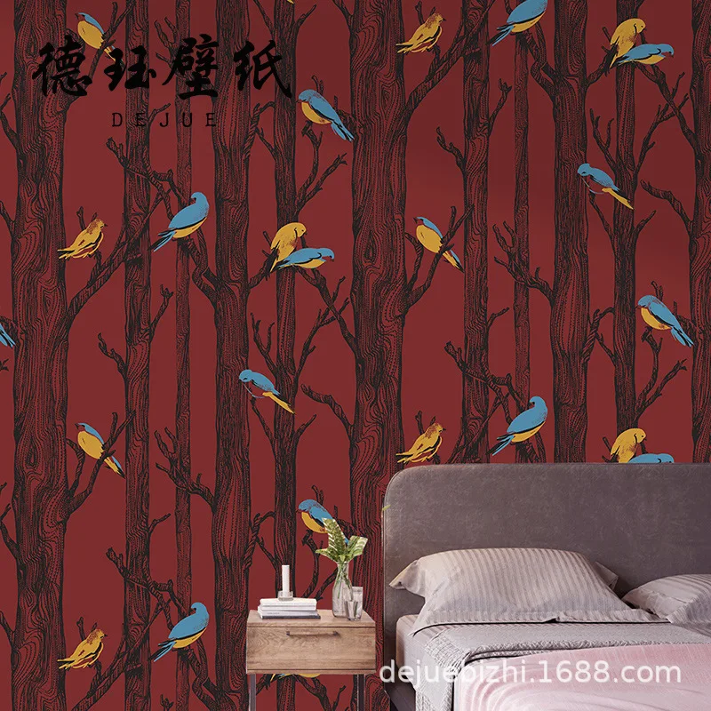 Nordic Modern Simple Non Woven Fabric Red Bird Tree Birch Wallpaper for Living Room Bedroom Accent Wall Red Wallpaper