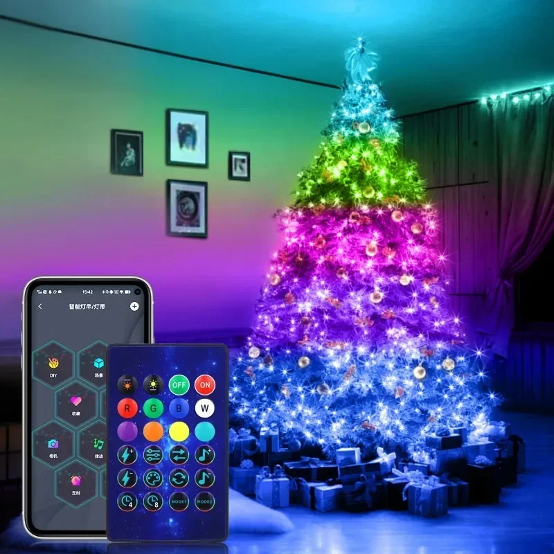 Modo diy rgbic corda de luz de fadas para decorações de natal natal ano novo 2024 árvore de natal adornos navidad bluetooth usb 5v led