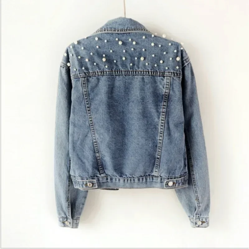 2024 New Denim Jacket Women's Short Denim Jacket Beaded Pearl Jacket Loose Spring and Autumn