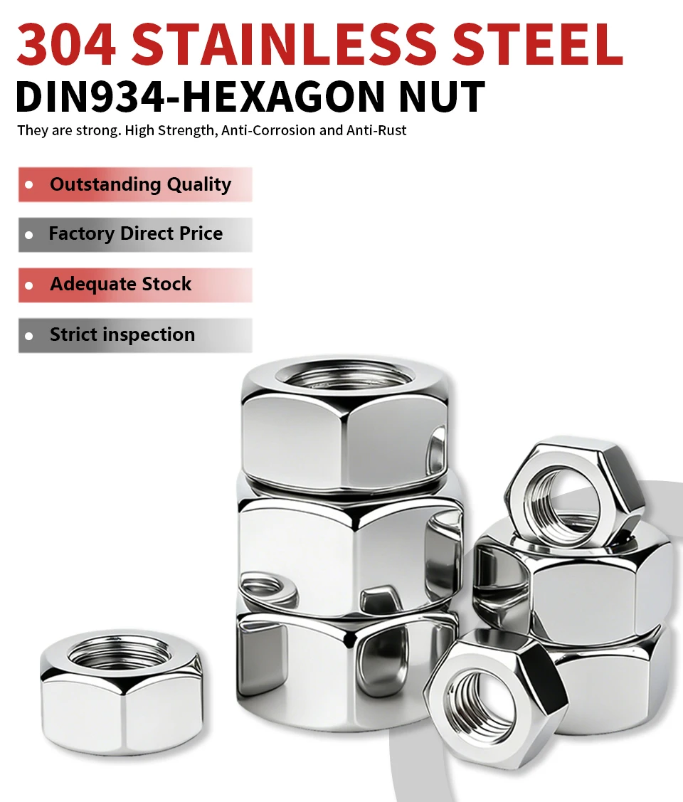 304 Edelstahl Sechskantmuttern A2-70 DIN934 Metrisches Gewinde Sechskantmutter Befestigungselement M1.2-M33 M3 M4 M5 M6 M8 M10 M12 M16 M20 – Detail 1