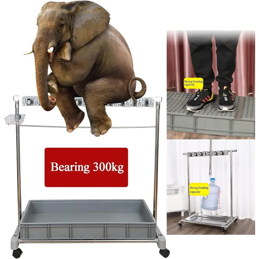 رف تخزين المكنسة والممسحة المحمول، تخزين أدوات الحديقة الخارجية، عربة أدوات التنظيف متعددة الاستخدامات، أداة تنظيف قائمة بذاتها St