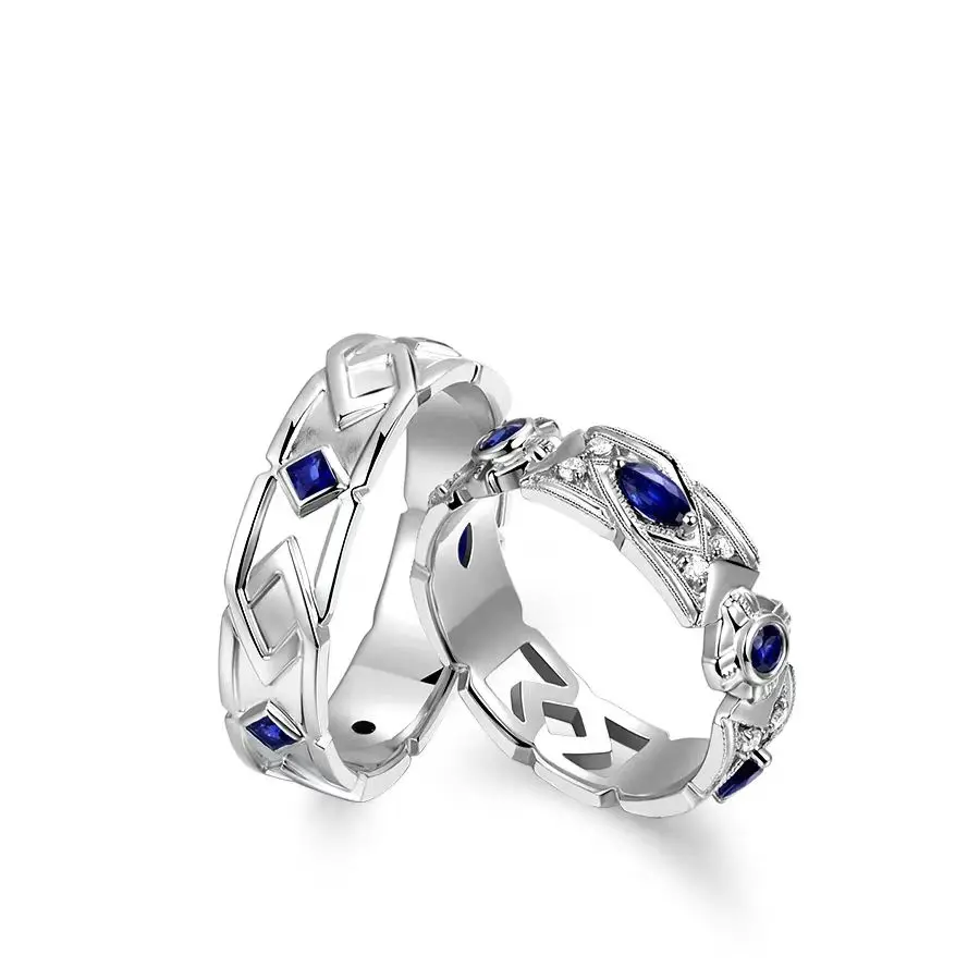 Custom Designer Handcrafted S925 Silver Sapphire-Set Men's & Women's Couple Rings, Elegant Wedding & Engagement Gift, Timeless