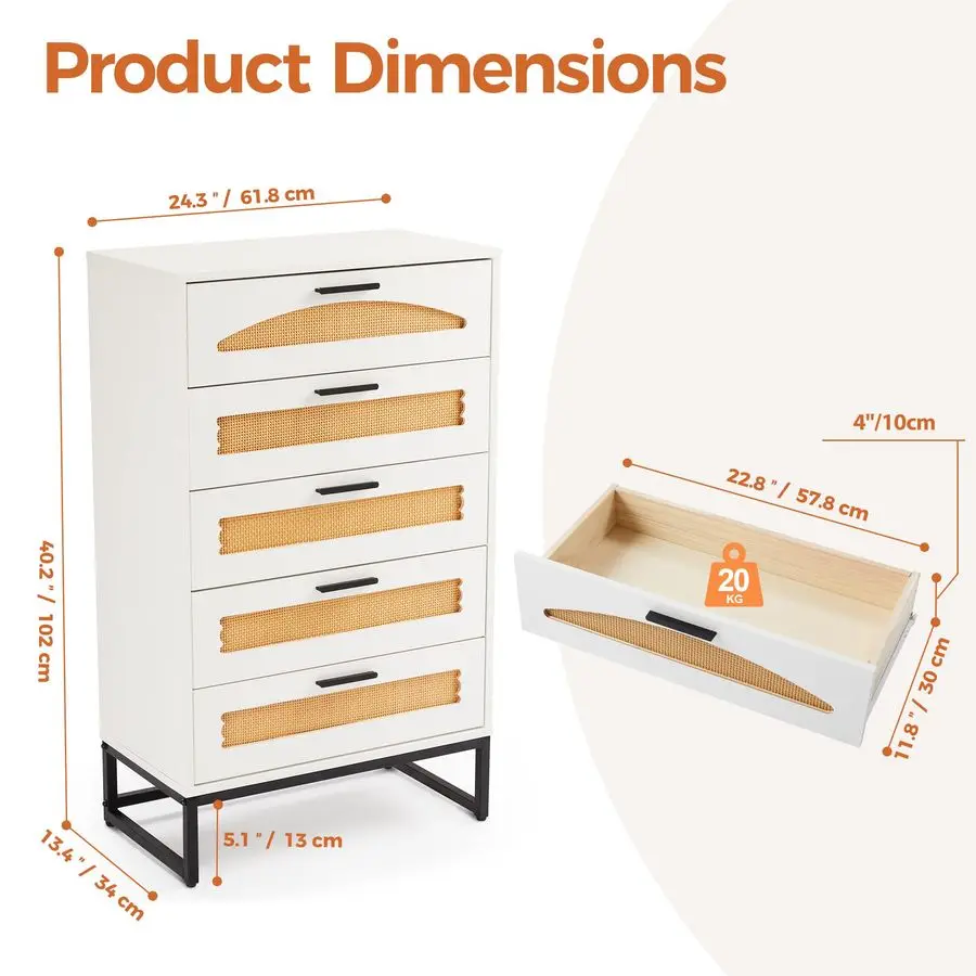 Comò in rattan a 5 cassetti per camera da letto, cassettiera alta in legno per armadio con maniglie in metallo, set comodini Boho, cassettiere e cassettiere