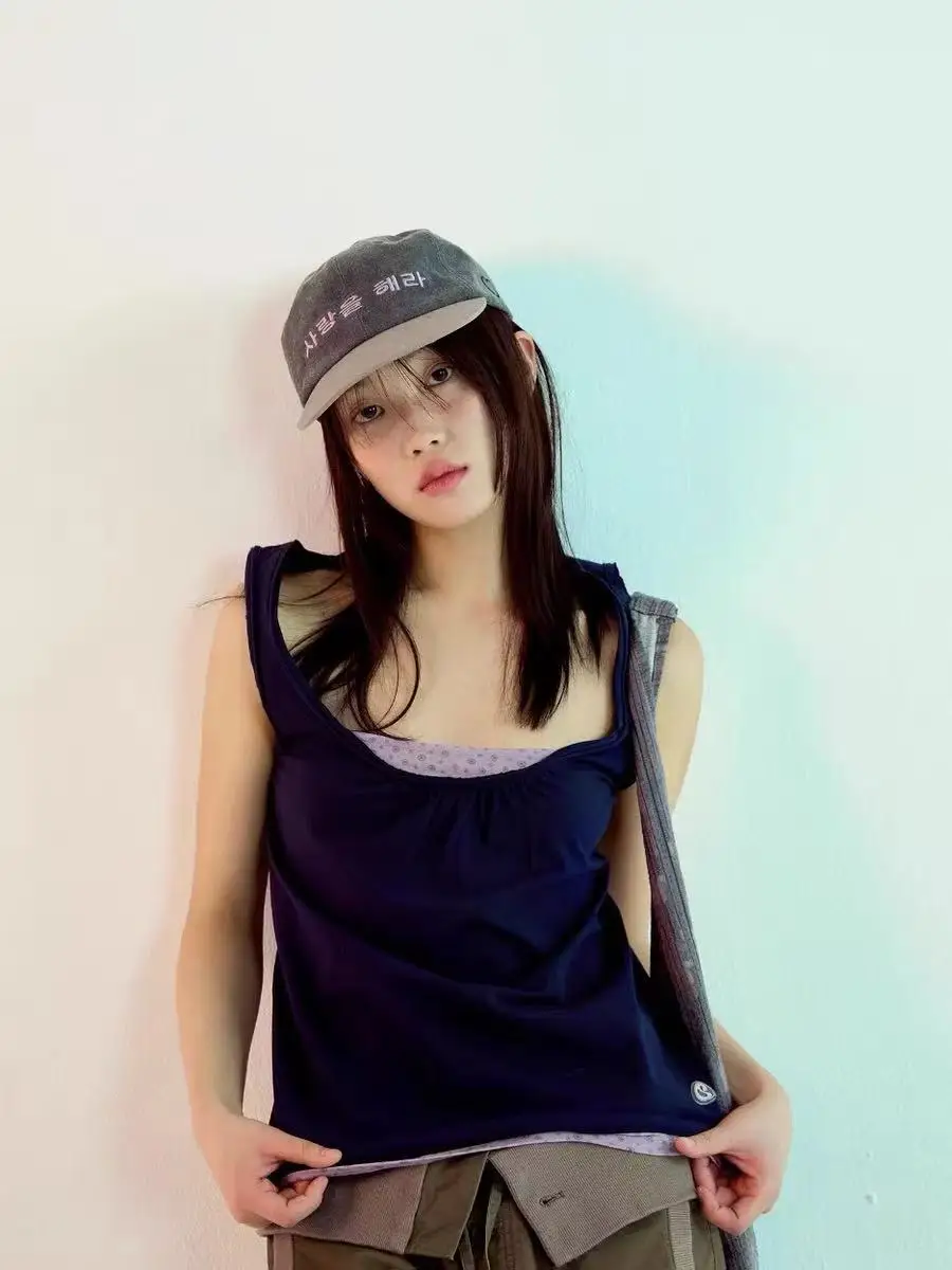 Coyseio Summer New Retro Low round Neck Splice Color Vest Women's Inner Wear Outerwear Cotton Casual Y Shaped Shoulder Strap