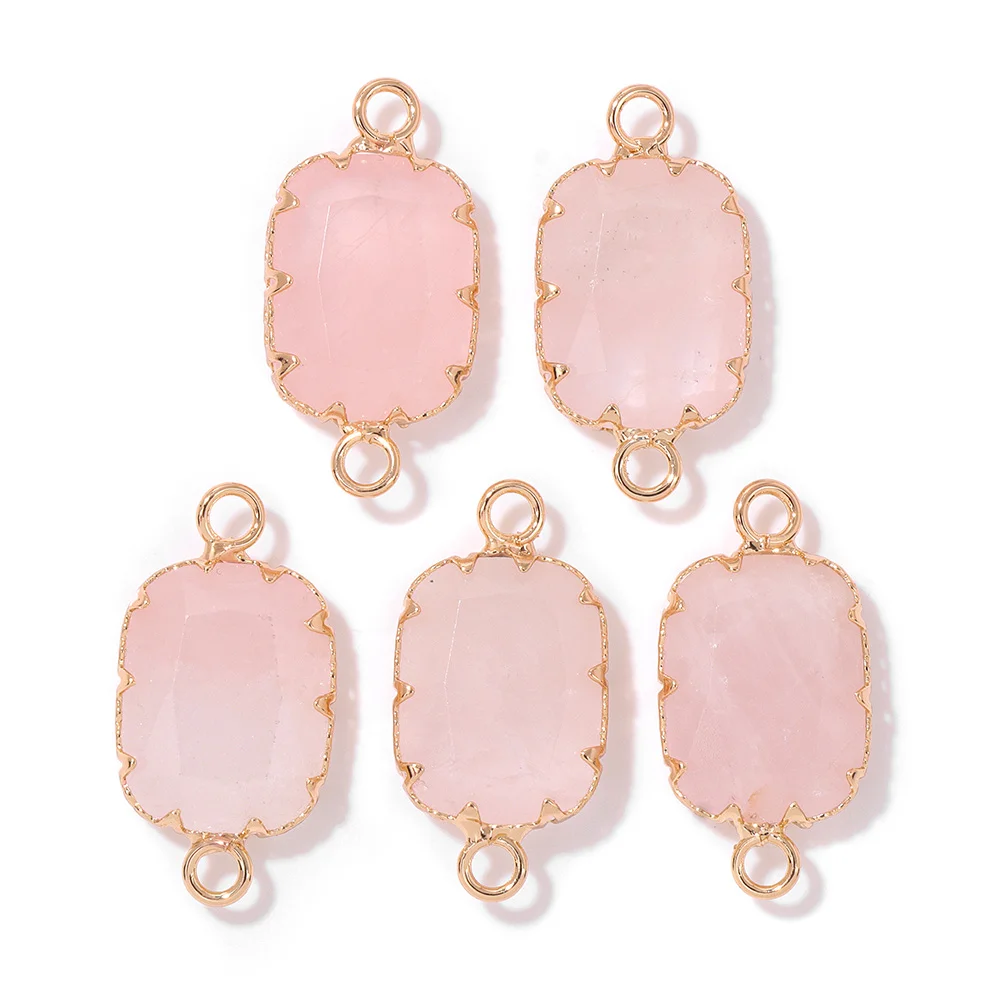 Natural Stone Rose Quartz Connector Pendant Water Drop Rectangle Crystal Double Hole Charms For Jewelry Making DIY Bracelets