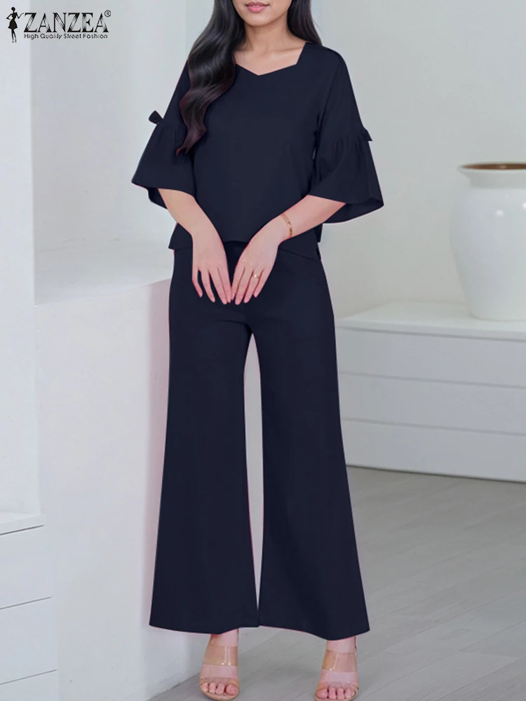 

ZANZEA 2022, модные летние женские комплекты брюк, однотонные топы и длинные брюки с квадратным воротником и расклешенными рукавами, винтажные повседневные наряды из двух предметов