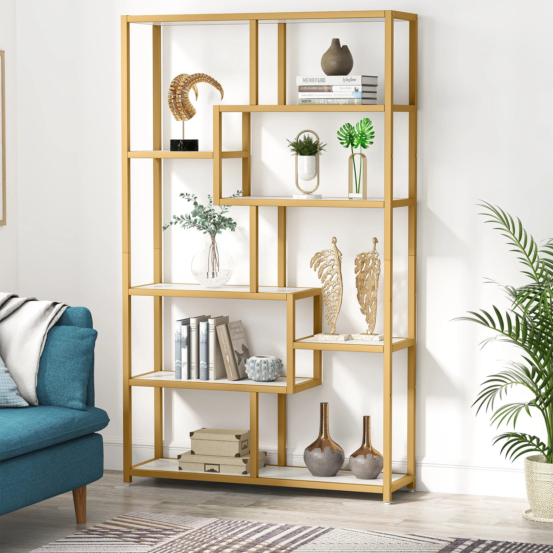 Tribesigns Bookshelf 5 Tier Etagere Bookcase, Modern Gold Book Shelf Organizer Display Rack with 8 Open Storage Shelf