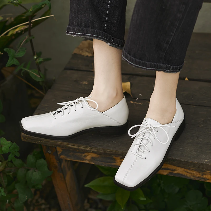 

Phoentin Asymmetrical design Oxford shoes lace-up Loafers Women Retro low heels Office Lady Genuine leather cozy Pumps FT3171